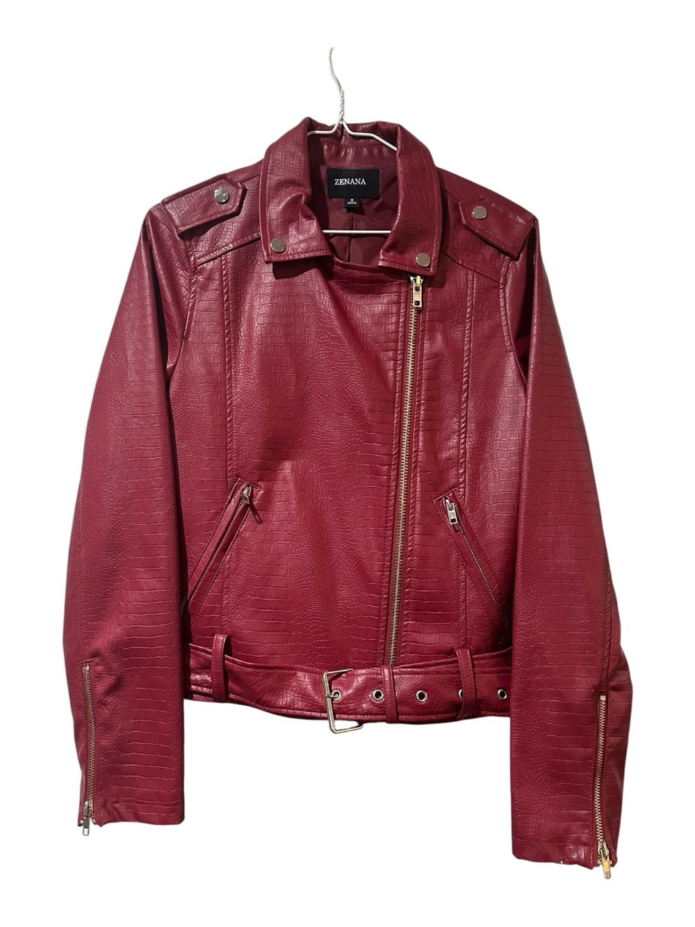 Zenana Outfitters Women's Wine Faux Leather Moto Jacket with Belt